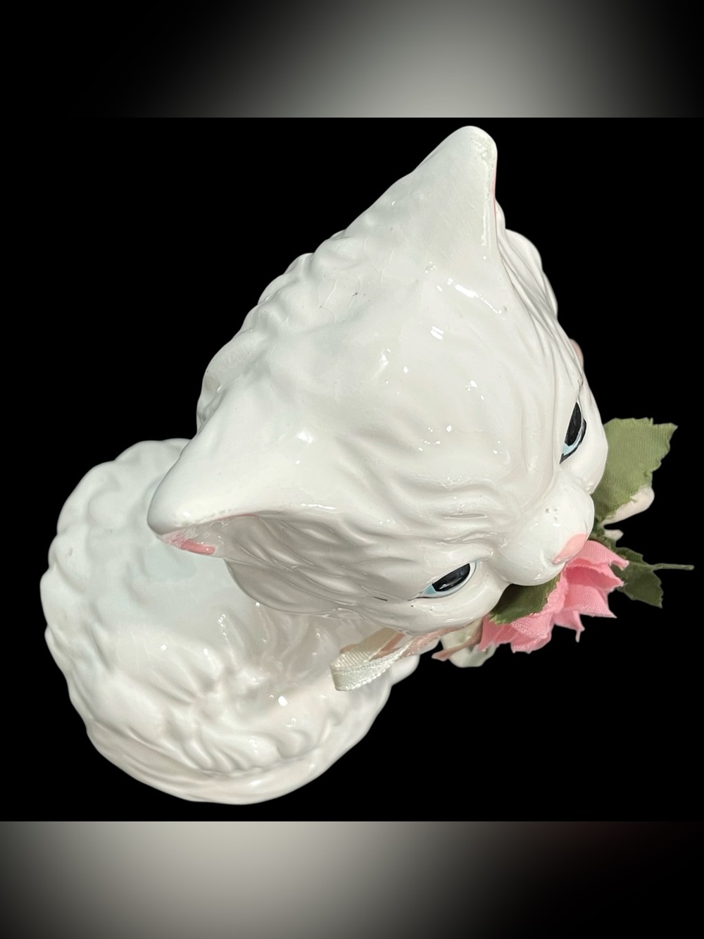 Vintage 1990s Trippies Inc. White Porcelain Kitten Cat Figurine Pink Flowers - Picture 6 of 10